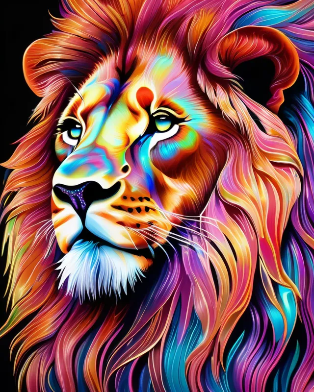 Lion, fantasy art, iridescent,  vibrant, metallic, hyperdetailed, gloss, magical.