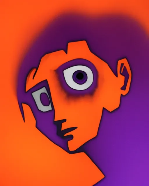 A shaded figure, but with clearly defined eyes. Deep sadness embraces the figure. Background is Red and purple, vivid. Eyes look at you, disappointment, sadness, resentment. Undulating waves of color. Figure is falling away. Burnt orange.
