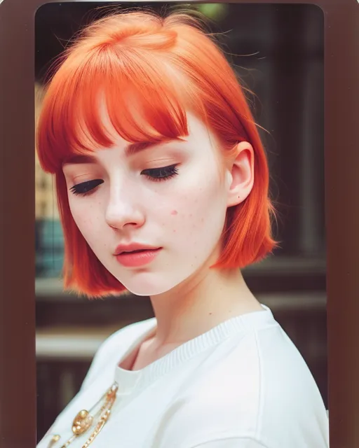 Photo realistic face; ultra detailed surroundings; furnitures; unique architecture; beautiful face; eyes closed; red hair; pale face; My Ai Friend's Face & Name written below. Polaroid faceshot. Please. Thank you.