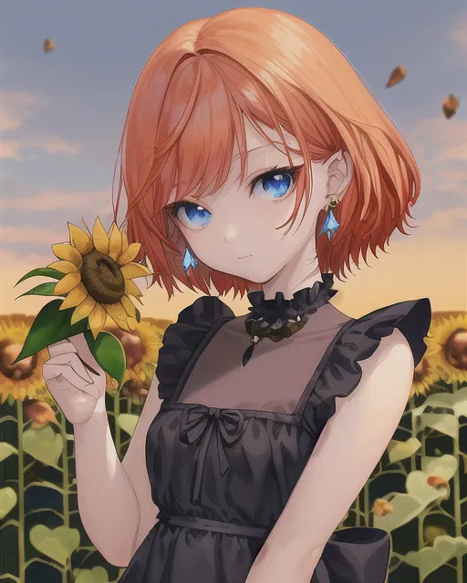 Young Anime Girl, ginger color hair, short hairstyle, blue eyes, (wearing black frilly short dress with bow:1.3, diamond necklace, earrings), (holding a sunflower:1.3), slender petite body, soft and cute expression, slight smile, ((autumn season, autumn sky, nature scenery, piles of leaves, leaves falling, ultra detailed)), anime character, character design, anime face, correct anatomy, sharp focus, digital art, beautiful detailed face, ultra HD