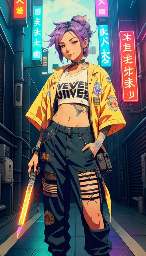 Cyberpunk Anime Girl, Rainbow Hair, - AI Photo Generator - starryai