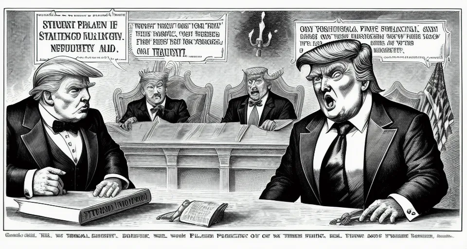 Trump as defendent satan as processor courtroom political cartoon Thomas nast