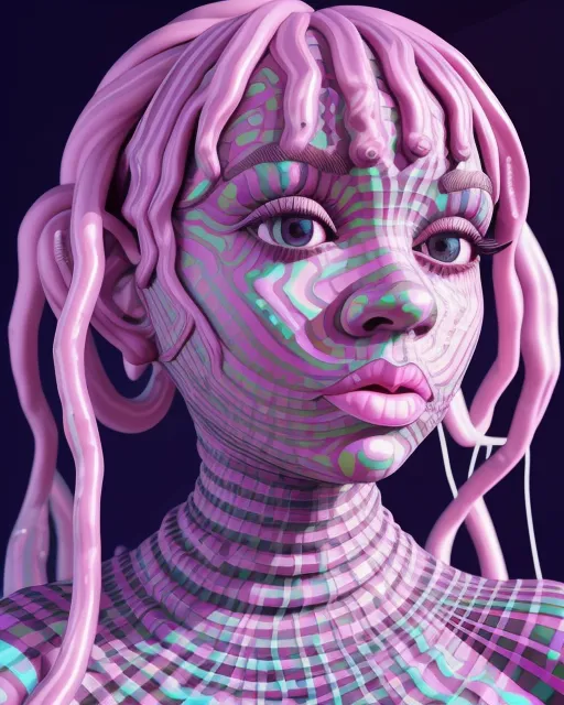 3d render of melanie martinez chrome, pink, pastel, psychedelic glitch art, apple, icicle, insane, no makeup, mushrooms, morrowind, ribbons, silk, fractalism ice saturation alien clay clatter, sculpture Melanie Martinez, mushrooms, morrowind, reaction diffusion cellular automata pattern integration circuit bending, glitchcore