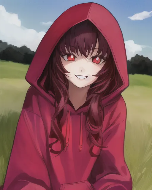 A  girl wearing an oversized hoodie  Pretty smile. Dark red cury hair and eyes. Portrait. posing for photos in a grassy park. Hd colors.