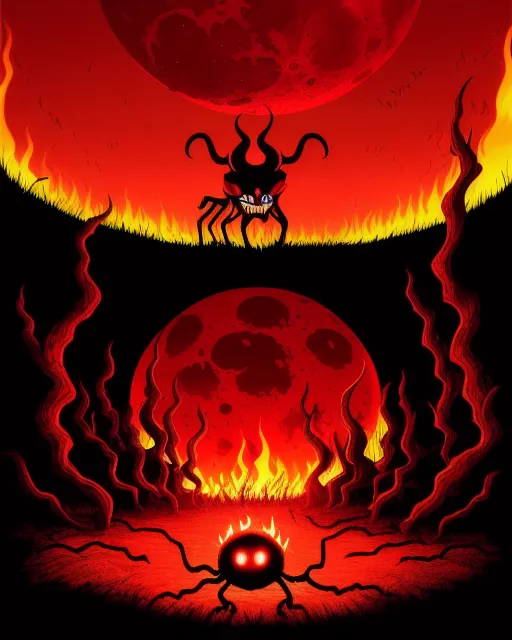 Demon Crawling Out Of The Ground With Fire Coming Out The Ground With A Blood Moon And Red Sky