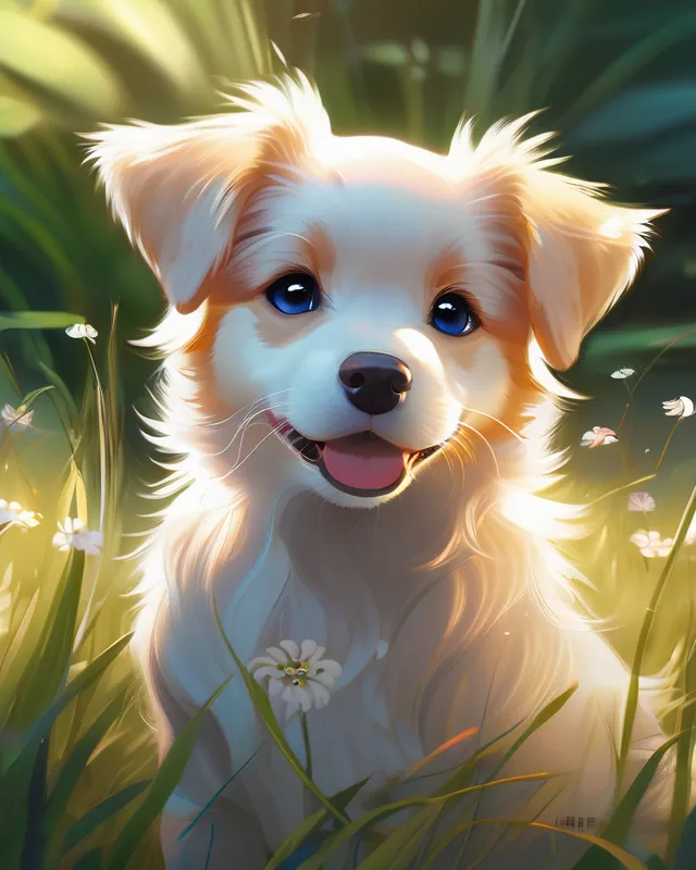 Cute puppy sun, Cozy grass, big dreamy - AI Photo Generator - starryai