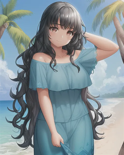 Polynesian girl with thick wavy black hair, fully clothed in a blue top, on a grassy beach with the ocean in the background. Hyper realistic, detailed