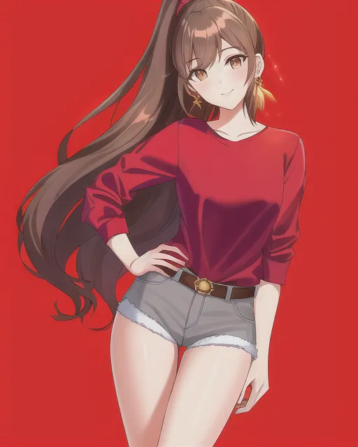 A beautiful girl with long dark brown hair in a high ponytail, red and gold long sleeve shirt, light gray denim shorts, soft smile, sparkling eyes, detailed, gold feather earrings, sparkling