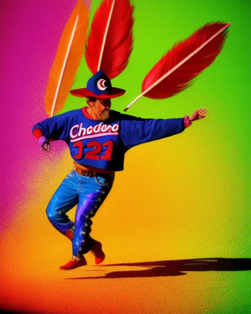 Chief Wahoo logo dancing at Super Bowl halftime show. Bright psychedelic colors.