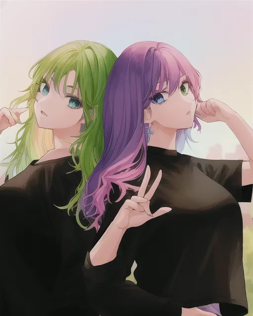 Two pretty girls the left one with green eyes and purple hair and a black tee shirt and the right one with pink hair blue eyes and a pink shirt