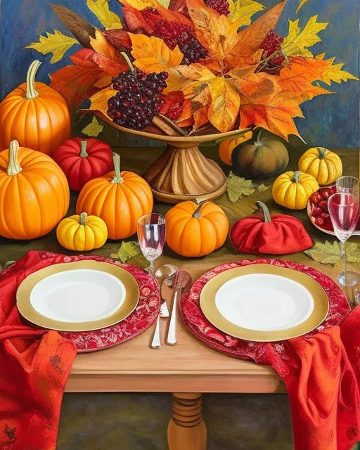 Still life painting of an elegant autumnal table setting with warm colors rustic decor, seasonal fruits, golden candlelight, intricate place settings, fallen leaves, cozy atmosphere, harvest centerpiece, vintage tablecloth, pumpkin accents, and a touch of autumnal foliage, professional table setting, best quality, masterpiece, perfect composition 