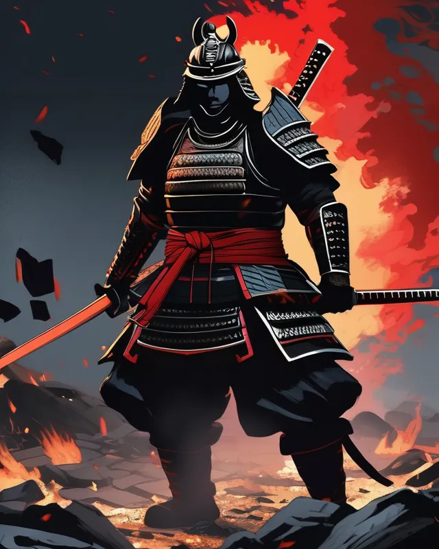 A samurai, in black armor with red accents, black-bladed katana, in a dark place surrounded by burning rubble