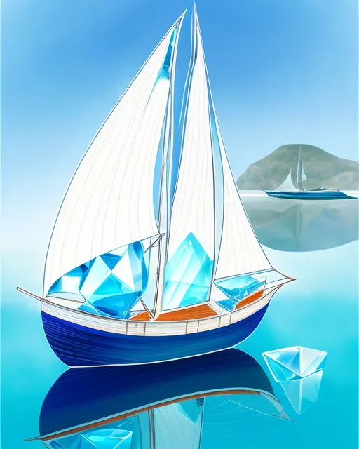 artwork, very detailed, soft and very sharp focus illustration, glass hull sailing boat, with sails created entirely from musical notes, in a calm blue sea with reflective, crystal clear waters,