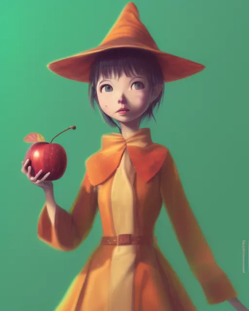 Autumn apple cider witch,  digital illustration, hayao miyazaki, kawaii, cute