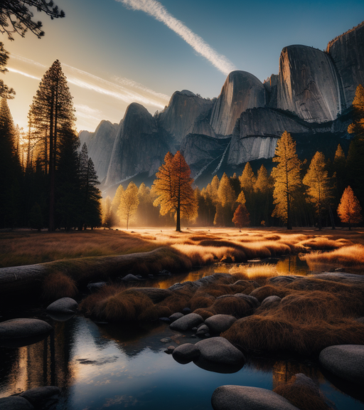 A captivating high-resolution image of Yosemite National Park during the golden hour, styled by Albert Bierstadt’s serene realism. Photographed using a Hasselblad H6D-100c with a 35-75mm lens. Post-processed to enhance warm sunset hues on rugged terrain, retaining a wild, tranquil essence. Output at 16K resolution for a deeply immersive visual experience