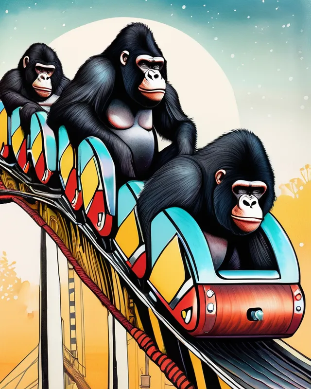 Gorilla rides a roller coaster AI Photo Generator starryai