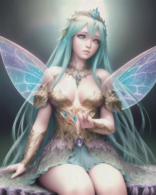 Beautiful fairy princess,two perfect symmetrical wings, rainbow colored wings,intricate armor, intricate tiara, sitting under waterfalls, ,  digital illustration,  extreme detail,  digital art,  4k,  ultra hd,  detailed,  vibrant,  anime face,  sharp focus,  character design,  wlop,  character design, beautiful fantasy landscape,  realistic and natural,  cosmic sky,  detailed full-color,  nature,  hd photography,  realistic surrealism,  magical,  detailed,  gloss,  hyperrealism, trending on artstation, nvdia ray tracing, cryengine