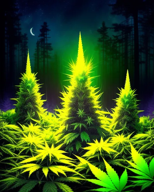 Photo of dense forest of tree size marijuana plants with a tiny unicorn, National Geographic, hyperrealism, Lisa Frank, vivid colors, saturated colors, fantasy, psychedelic dreamscape, night sky, photorealistic, nature photography, extremely detailed 