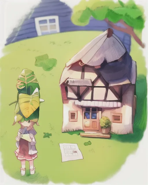 Cute girl standing on grass and house in the background, summer sun, leaf on a piece of paper sitting left next to the girl