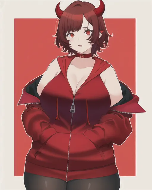 Teenage girl, plus size, short brown hair, red devil horns, red devil tail, yellow scleras, red eyes, tanktop and unzipped hoodie