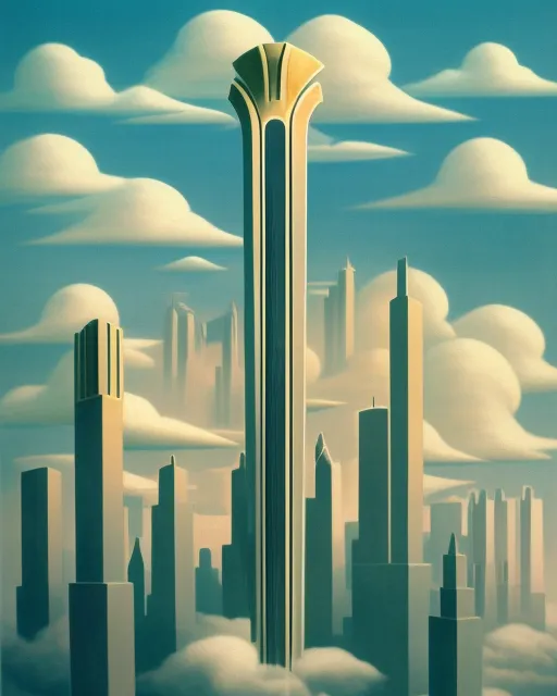 a vertical city in the clouds, art deco style. 