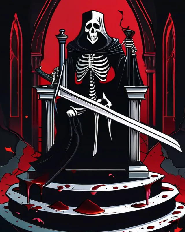 Dark skeleton grim reaper with a scythe with blood at the tip sitting on a dark throne in a dark place