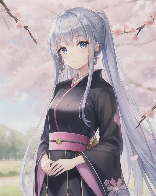 a beautiful young 15 year old girl, blue eyes, black long beautiful hair, silver and pink cherry blossoms japanese dress, freckles , silver and blue locket, earings, sword,Warrior,cherry blossom trees in the background,