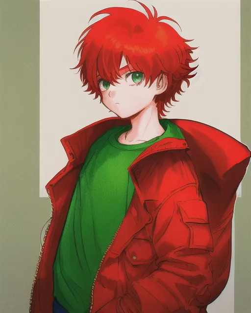 10 year old male child, red head, 80s style, oversized green jacket and a big packpack