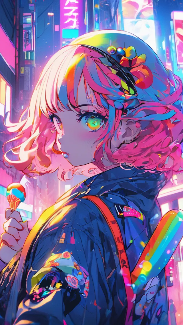 Cyberpunk anime girl, rainbow hair, on - AI Photo Generator - starryai