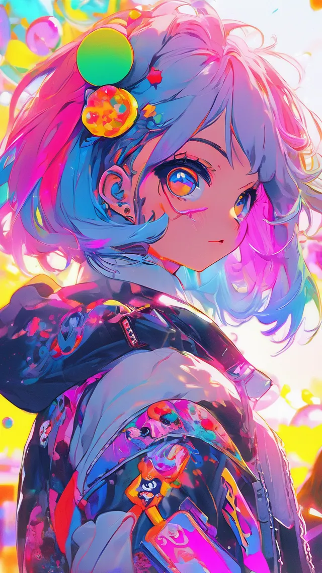 Cyberpunk Anime Girl, Rainbow Hair, - AI Photo Generator - starryai