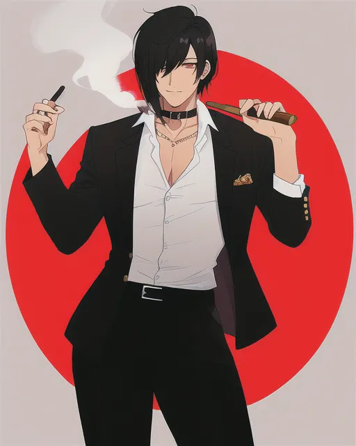 Male, black hair, hair cut into a bob, narrow amber eyes, black button up shirt, fitted pants, holding a cigar in left hand, smoking the cigar