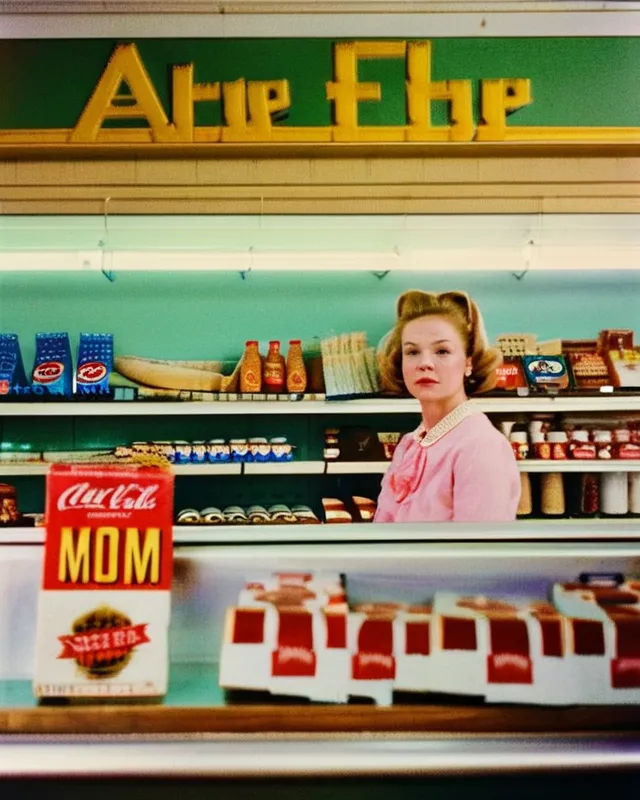 Alien 1950s suburban mom, grocery store, funny and appealing, pretty and preppy,