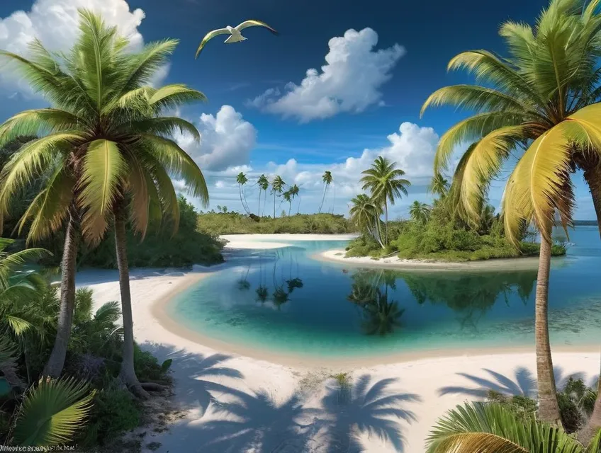 Beautiful landscape, bounty island, palm trees, secret lagoon island, dramatic lighting, realistic and natural,  beautiful sky,  detailed full-color,  nature,  hd photography, galen rowell,  david muench, realistic, detailed,  alien plants,  gloss,  hyperrealism, birds eye view, aerial view,