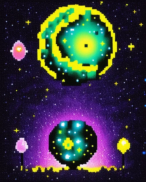 Pixel Alien galaxy Planet, colorful, galactic, moonscape, cosmic sky, planets, stars, twinkling lights, Dark background, alien flowers tim Burton pixelated artwork, pixel art, pixel, galaxies dusk lighting