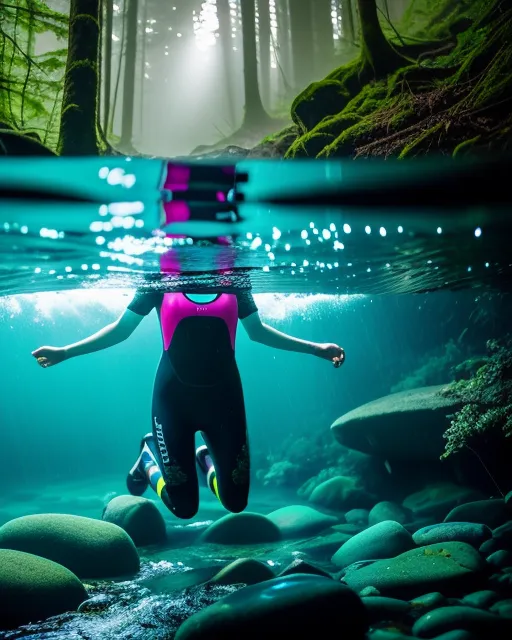 Megan swimming in a forest stream, at night, darkness, glowing fish underwater, mist and rain at night, Megan is wearing a wetsuit, icy water