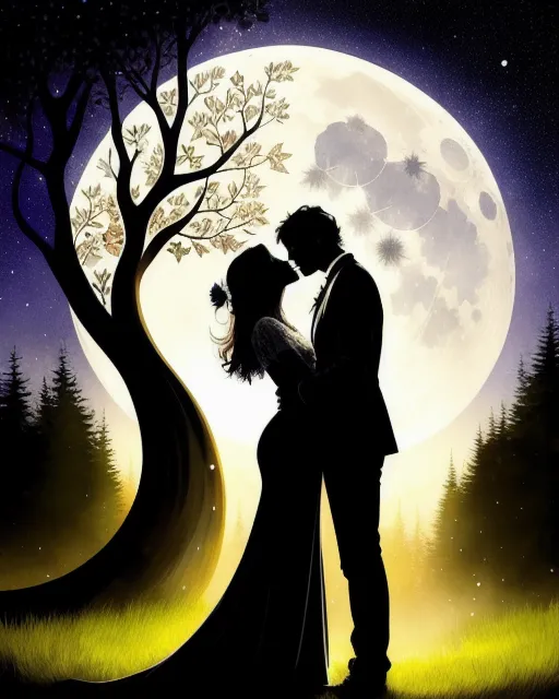 Romantic Couple Under the Moon Redwork · Creative Fabrica