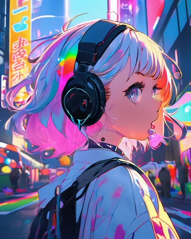 Cyberpunk Anime Girl, Rainbow Hair, - AI Photo Generator - starryai