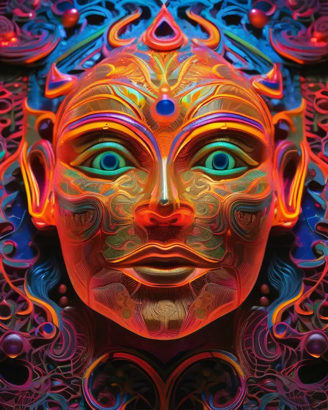 High relief,3D Archon illusion, fluorescent tapestry , marbling effect, Bailey's beads effect, supernatural piercing eyes, neon undertones,air glow,atmospheric cinematic luminescent reflecting dappled light,horror, cosmic horror,ultra realistic, intricate details,4k, trompe l'oeil effect, cinematic incandescent ominous dappled light, 