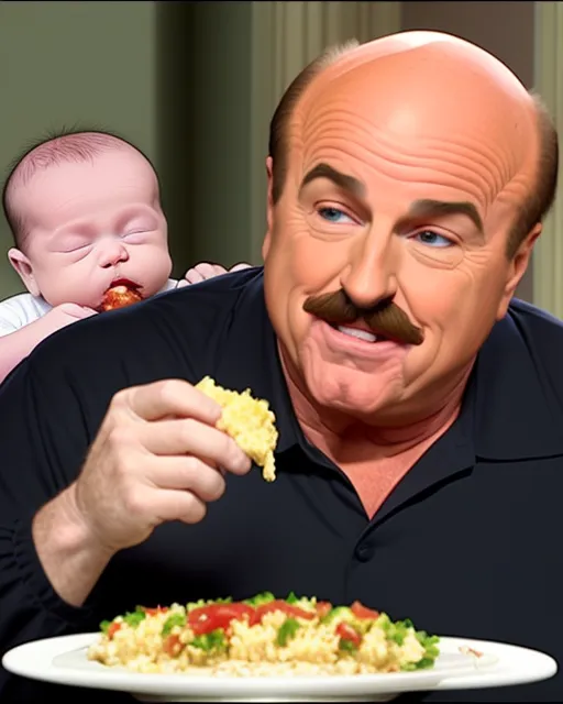 Dr. Phil in an eating competition and his opponent is new born babies