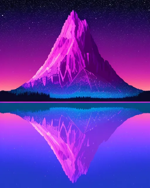 Digital illustration of a mountain reflecting off of a clear water lake. Purple starry sky. Neon like colors. Beautiful landscape. Amazing digital art. 