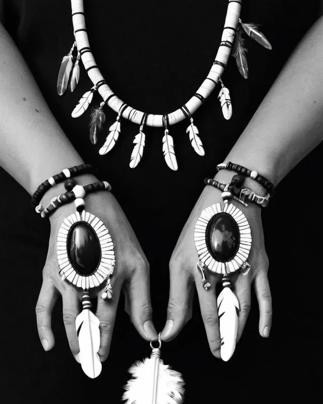 abstract, Native American necklaces, hands, feathers, black and white