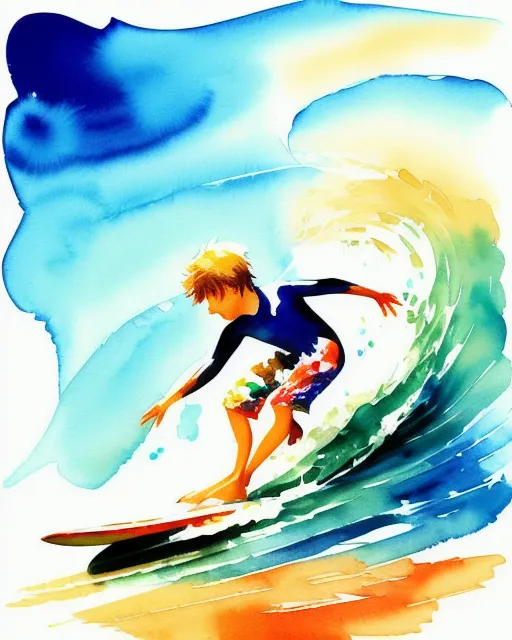 paint splatter watercolor of a cute boy doing surfing in the style of Leonid Afremov