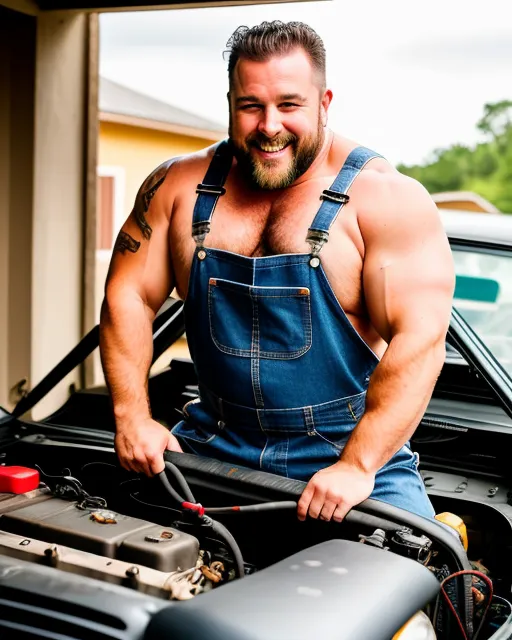 A wide-built, burly, strudy manly man, wea4ing overalls and no shirt, smiling while he fixes a car engine.