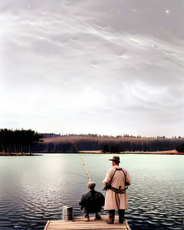 Fishing With A Friend, beautiful fantasy landscape,  realistic and natural,  cosmic sky,  detailed full-color,  nature,  hd photography,  fantasy by john stephens,  galen rowell,  david muench,  james mccarthy,  hirō isono,  realistic surrealism,  elements by nasa,  magical,  detailed,  alien plants,  gloss,  hyperrealism