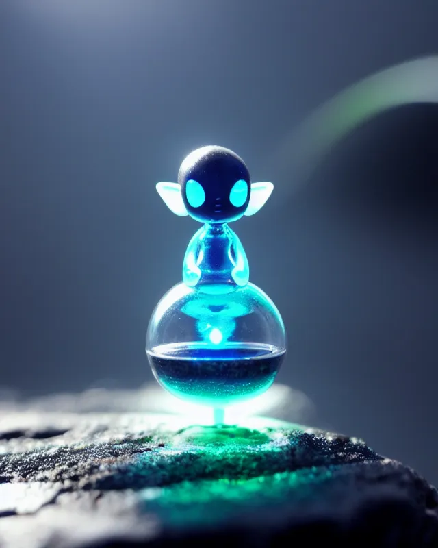 A very small liquid alien, glowing with energy, zen, elf 