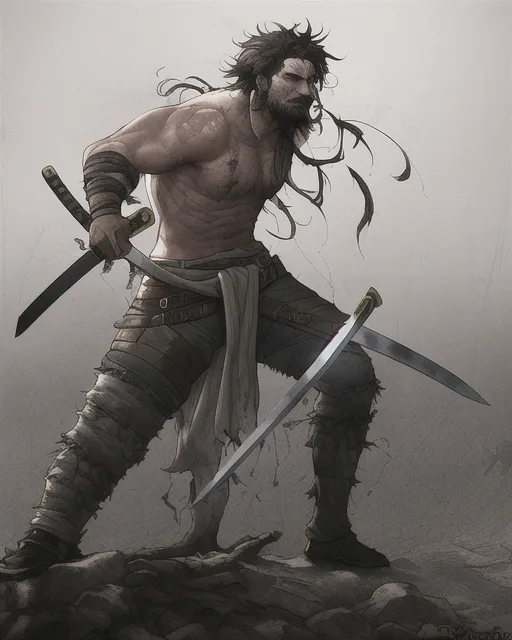 A beaten-looking man, 30 years old, unkempt, with disheveled dirty hair, with a sword on his belt, weak build Concept Art, Trending On Artstation