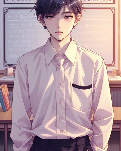 male, fourteen years old, delicate-looking male, short, slender, androgynous, childish-looking, pretty, bangs, metal crown, pale, school uniform, juicy lips, big eyes, magic, classroom in background