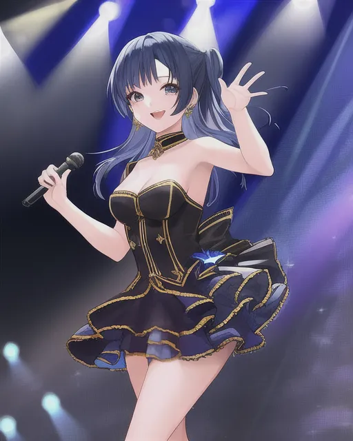 Dark blue haired idol waving to her fans on stage