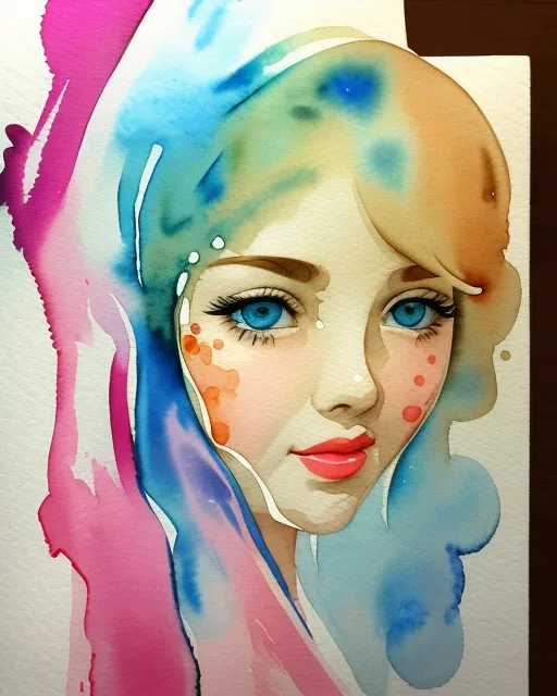 Cute Female face in watercolor, splash, retro