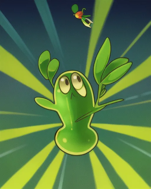 A peashooter from plants vs zombies falling through the sky with a blurred background of distorted and colourful lines and strokes.